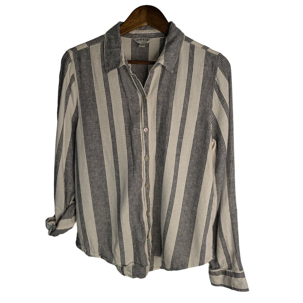 Orvis Button-Up Shirt Womens Sz M Linen Blend Striped Minimalist Casual Neutral